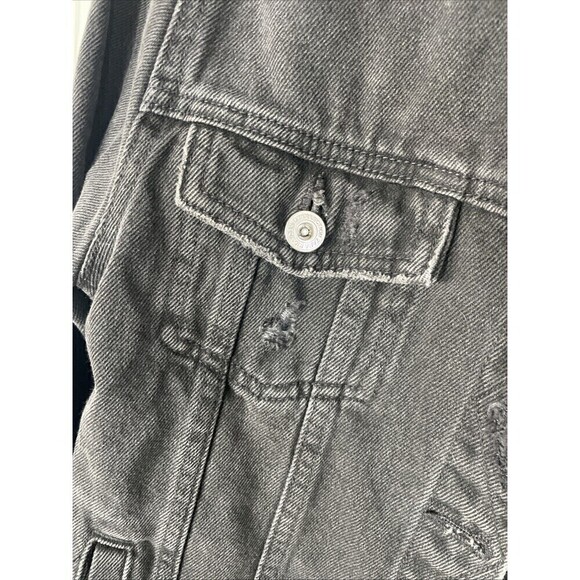 Zara Kids Black Denim Jacket Size 11/12 Distressed Look Cotton Button Closure - Picture 3 of 8